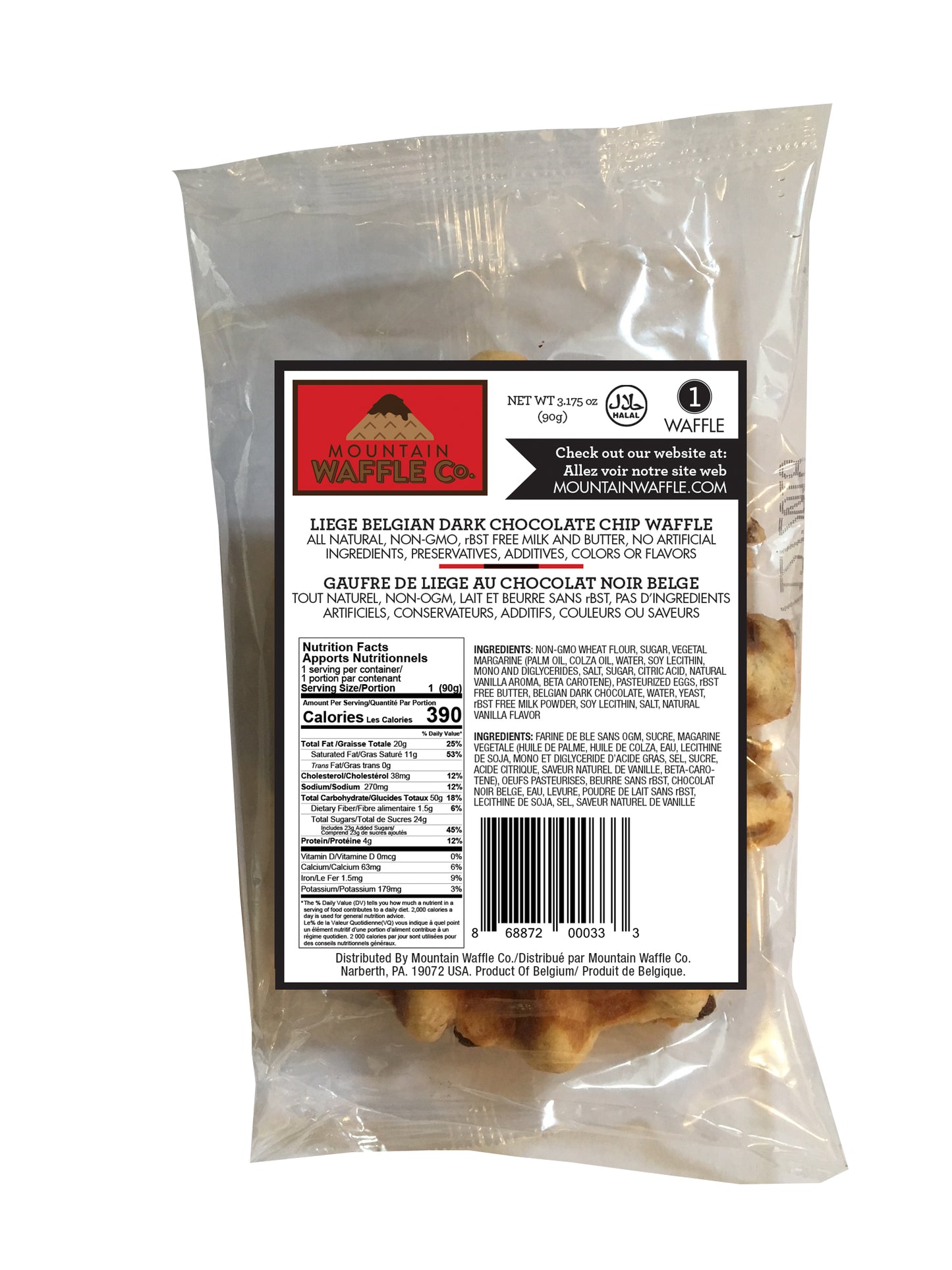 30 Count Case of Individually Wrapped (IW) Large Liege Belgian Dark Chocolate Chip Waffles