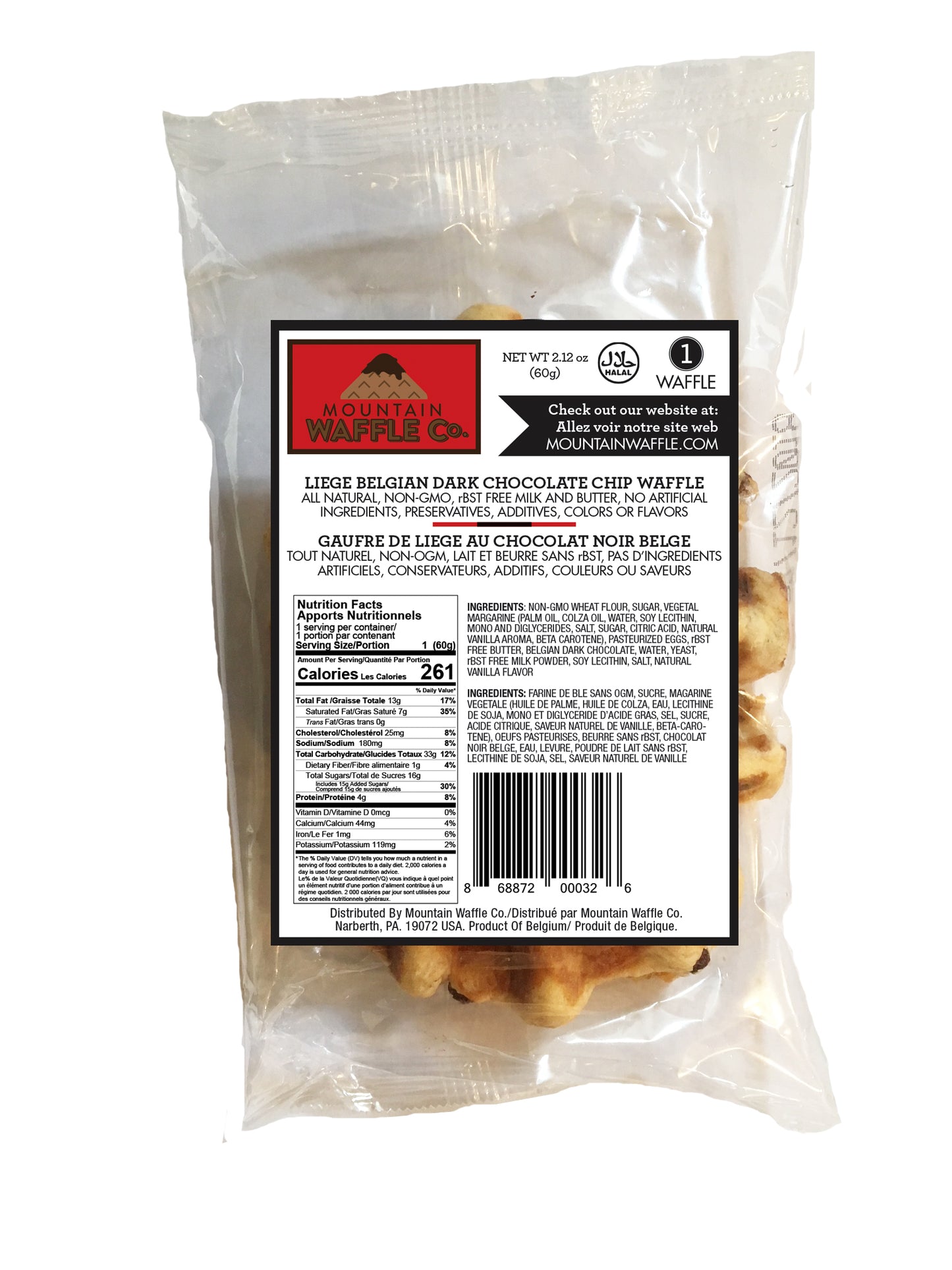 40 Count Case of Individually Wrapped (IW) Medium Liege Belgian Dark Chocolate Chip Waffles