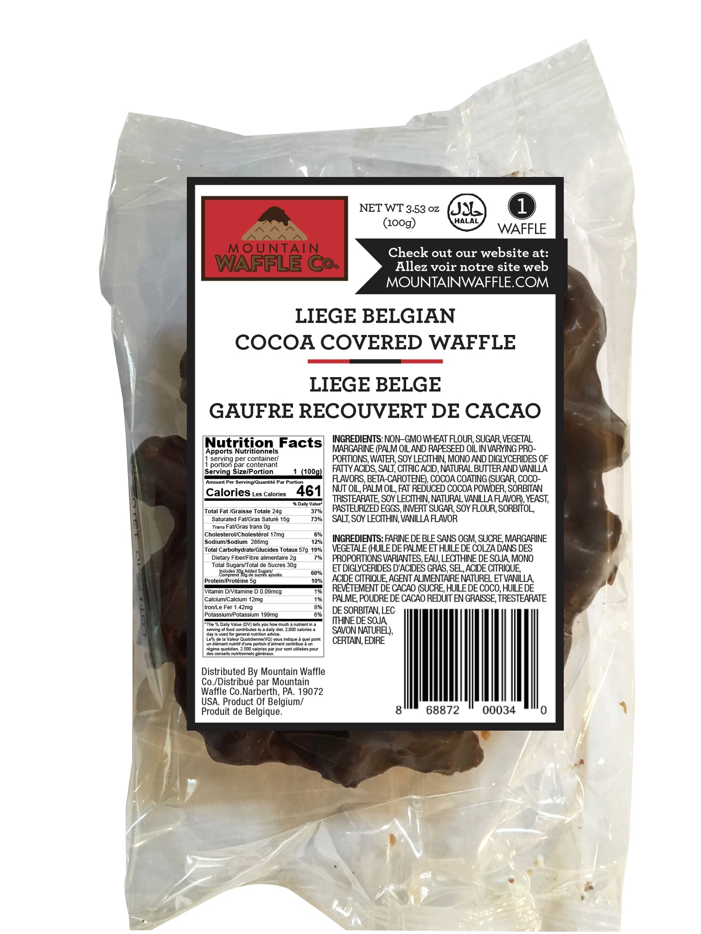 24 Count Case of individually Wrapped (IW) Large Cocoa Covered Liege Belgian Waffles
