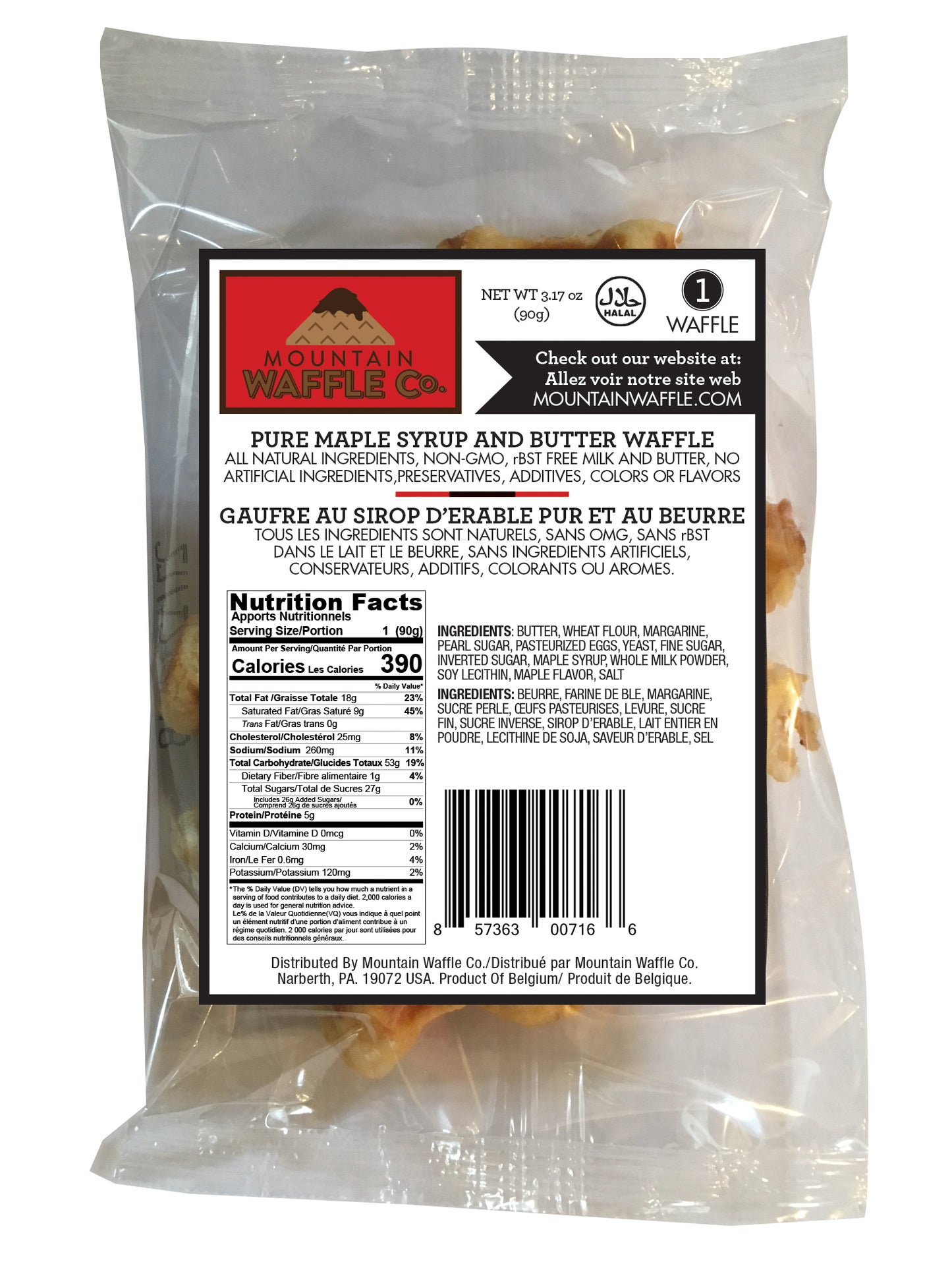 30 Count Case of Individually Wrapped (IW) Large Liege Belgian Pure Maple Syrup and Butter Waffles